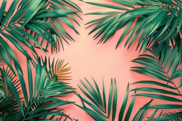 Tropical palm leaves on pink background. Minimal nature summer concept. Flat lay. Place for text