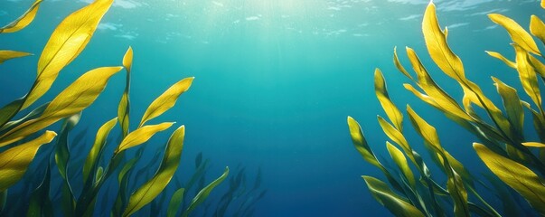 Underwater scene featuring vibrant yellow seaweed swaying gently in the blue ocean water, illuminated by sunlight filtering from above.