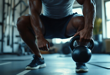 Focused Athlete with Kettlebell: Low-Light Fitness Photography