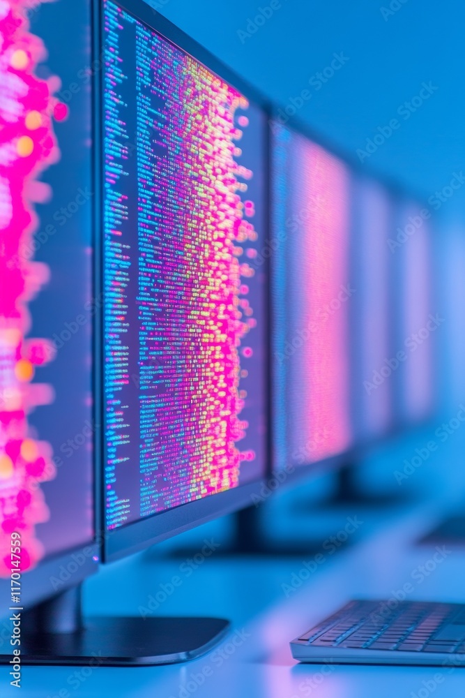 Fototapete Glowing Monitors Displaying Colorful Code in Modern Classroom Setting
