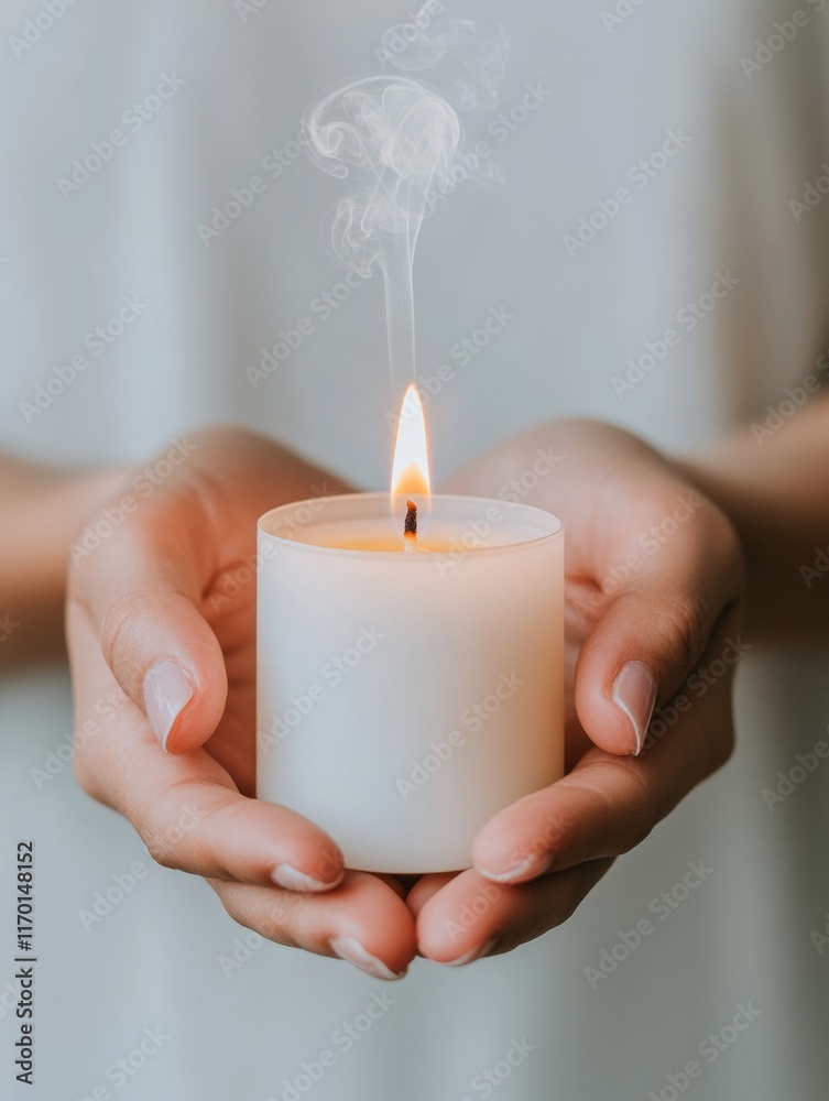 Poster serene candlelight close-up of hands holding a glowing candle in a dimly lit setting