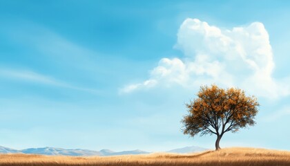 Obraz premium A solitary tree stands against a vibrant blue sky, surrounded by golden grass and distant mountains, evoking tranquility and natural beauty.