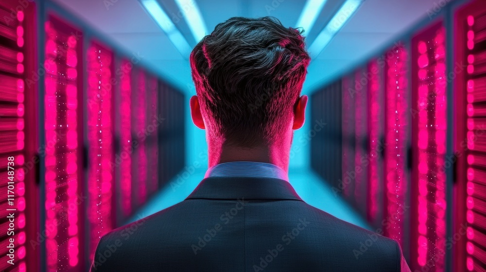 Poster a futuristic server room with rows of servers and glowing data streams, representing the infrastruct