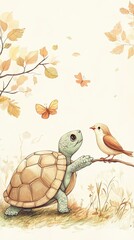 Turtle and Bird Share an Autumn Day Scene