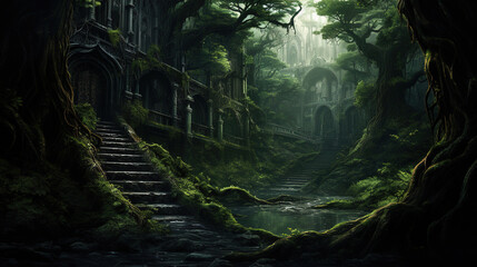 Fototapeta premium Enchanted Ruins in a Verdant Forest