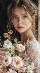 Naklejka premium Close-up of a bride’s beautiful pink and white wedding bouquet, featuring fresh flowers, symbolizing love, elegance, and romance..