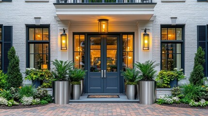 Elegant entrance with plants and warm lighting.