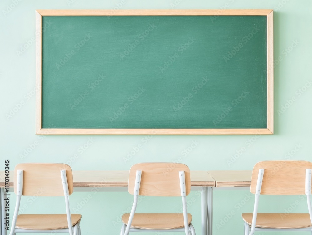 Poster Pastel Classroom Serenity Empty Desks and Soft Chalkboard in Minimalist School Setting