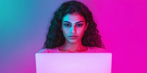 Young Woman Coding in Vibrant Neon Light - Modern Tech Culture