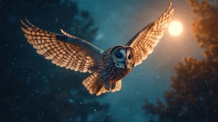 Fototapeta premium A nocturnal Tawny Owl flying gracefully under the moonlight, its wings spread wide against a starry sky