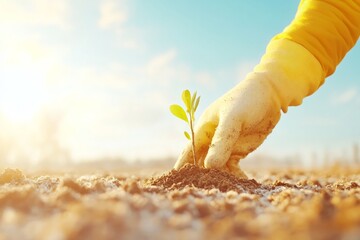 Morning Sunlit Planting Hands in Gloves Nurturing New Growth in Frosty Soil