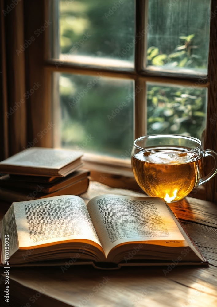 Poster cozy reading nook with open book and tea in gentle sunlight