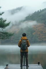 Obraz premium Reflective Weather Observation by Misty Mountain Lake in Calm Pastel Hues