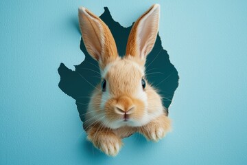 Adorable fluffy-eared bunny peeking out of a torn hole in a blue wall, perfect for Easter-themed banners and playful designs.  .