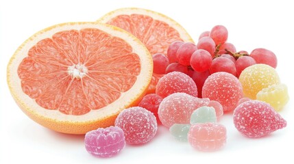 Close-up of pink grapefruit slices, red grapes, lychee fruits, and yuzu citrus paired with colorful wine gums, isolated on a white background.