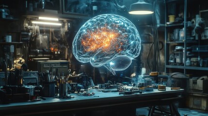 Naklejka premium A digital hologram of a brain floating above a workbench, symbolizing the future of technology.