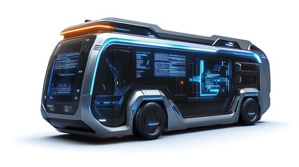 Futuristic autonomous vehicle with a sleek design and digital interface.