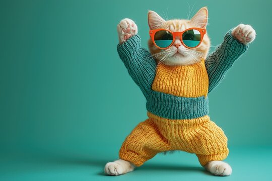 Playful cat wearing vibrant clothes and stylish sunglasses, joyfully dancing on a green background, perfect for fun and trendy themes.  .