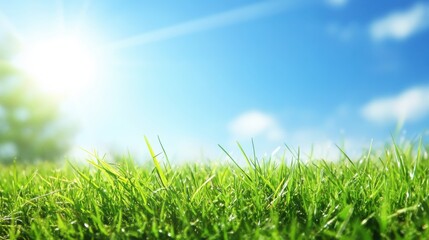 A peaceful shot of grass dancing in a gentle breeze, illuminated by bright sunlight under a clear blue sky