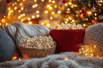 A warm, inviting setup featuring a bowl of popcorn and sparkling lights, perfect for cozy winter movie nights and relaxation.  .