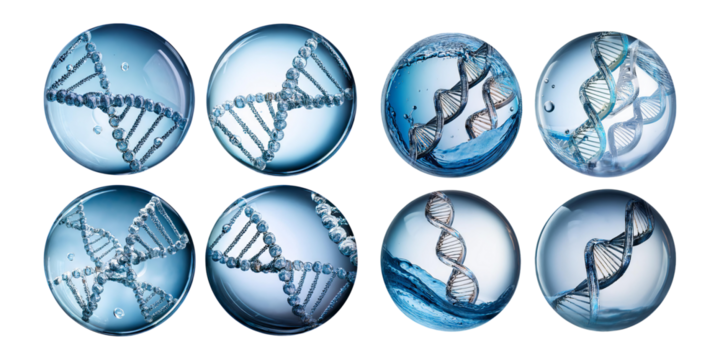 DNA Strand Concept in Blue Glass Spheres with Water Effects