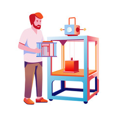 A flat illustration of a person making model with 3d printing 

