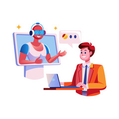 A flat illustration of a character talking with ai assistant
