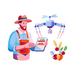 A flat illustration of a farmer using drone for smart farming 

