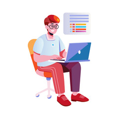 A flat illustration of a coder working on a laptop 

