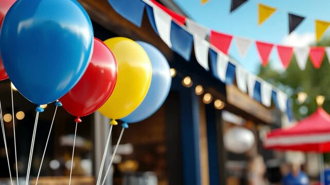 Colorful balloons adorn a festive outdoor celebration with vibrant banners in background.