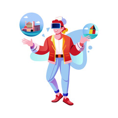 A flat illustration of character wearing vr technology glasses 

