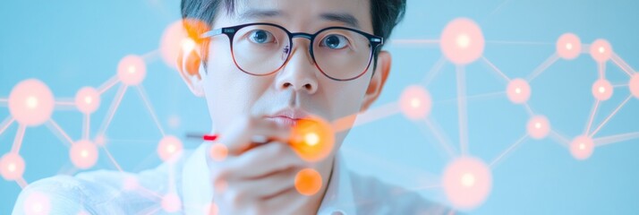 Focused Analysis Asian Man Strategizes Football Plays on Transparent Board in Dreamy Light