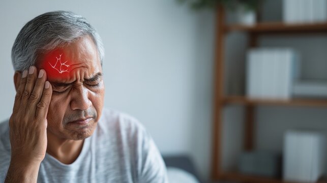 An elderly man experiences discomfort, holding his head in pain, suggesting a headache or migraine in a calm indoor setting.