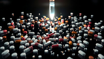 Obraz premium A symbolic image of scattered opioid pills on a black surface, with a glowing syringe in the background symbolizing the crisis.