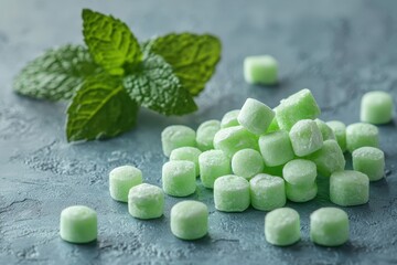 Close-up of fresh green mint chewing gum on a minimalist background, symbolizing freshness, flavor, and a cool menthol kick. Perfect for promotional designs.  .