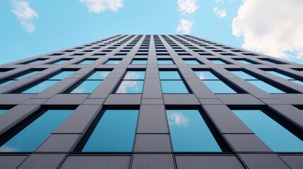 A close up detail of a skyscraper facade with geometric patterns and reflections, emphasizing the modern design and scale of the building.