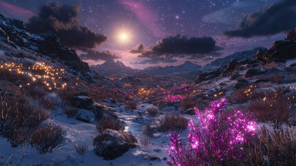Moonlit snowy valley with glowing flora under starry night sky.