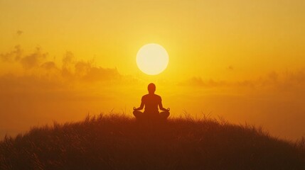 Fototapeta premium Meditative Silhouette at Sunset on Hill - Peaceful Metaphysical Aesthetic