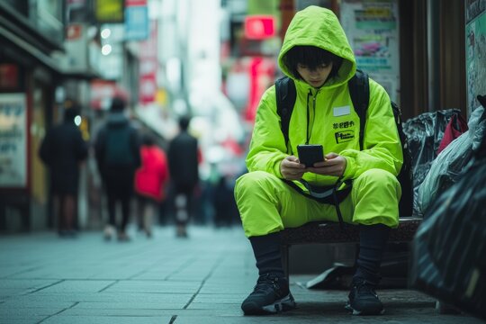 Stylish Urban Youth in Lime Green Streetwear Engaged with Smartphone on City Street