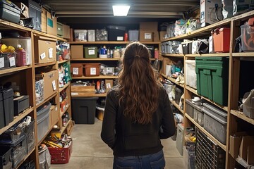 A woman is labeling storage boxes in the garage, making it easier to find seasonal items