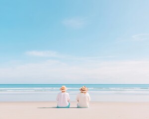 Fototapeta premium Serene Beach Moment Two Women in Conversation Under a Blue Sky