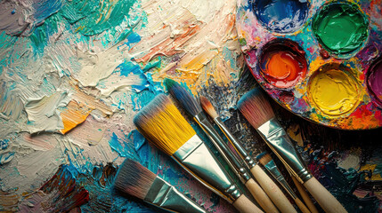 Fototapeta premium Assorted Colorful Paints and Brushes on Artistic Palette Over Vibrant Background