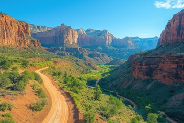 Stunning landscape view of winding dirt road through Zion National Park on a bright sunny day