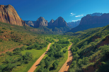 Fototapeta premium Scenic view of a winding dirt road through lush greenery and rugged mountains under a clear blue sky