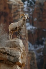 Majestic ram stands at the edge of a cliff against a stunning canyon backdrop during golden hour light