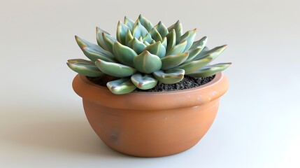 Fototapeta premium A single green succulent plant in a terracotta pot placed on a clean white background, showcasing its vibrant leaves and minimalist appeal. 8k UHD, suitable for high-quality printing or digital 