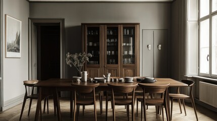 Modern dining room with wooden furniture and decor.
