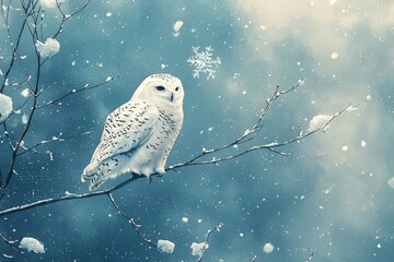 A majestic snowy owl perched on a branch, surrounded by softly falling snowflakes, creating a serene winter wildlife scene.  .