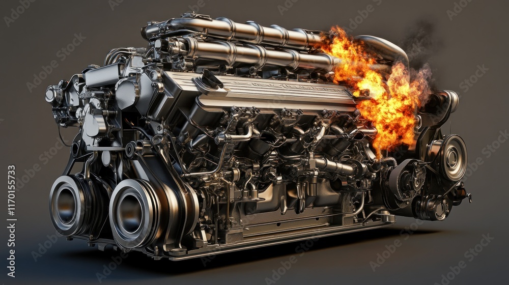 Poster A detailed 3D rendering of a high-performance engine with flames, showcasing mechanical design.