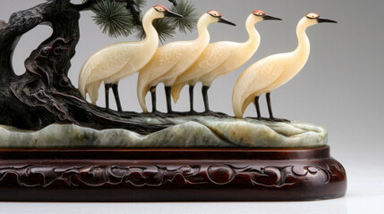 Obraz premium Exquisite Chinese Jade Art Piece Depicting Group of Cranes on Elegant Base